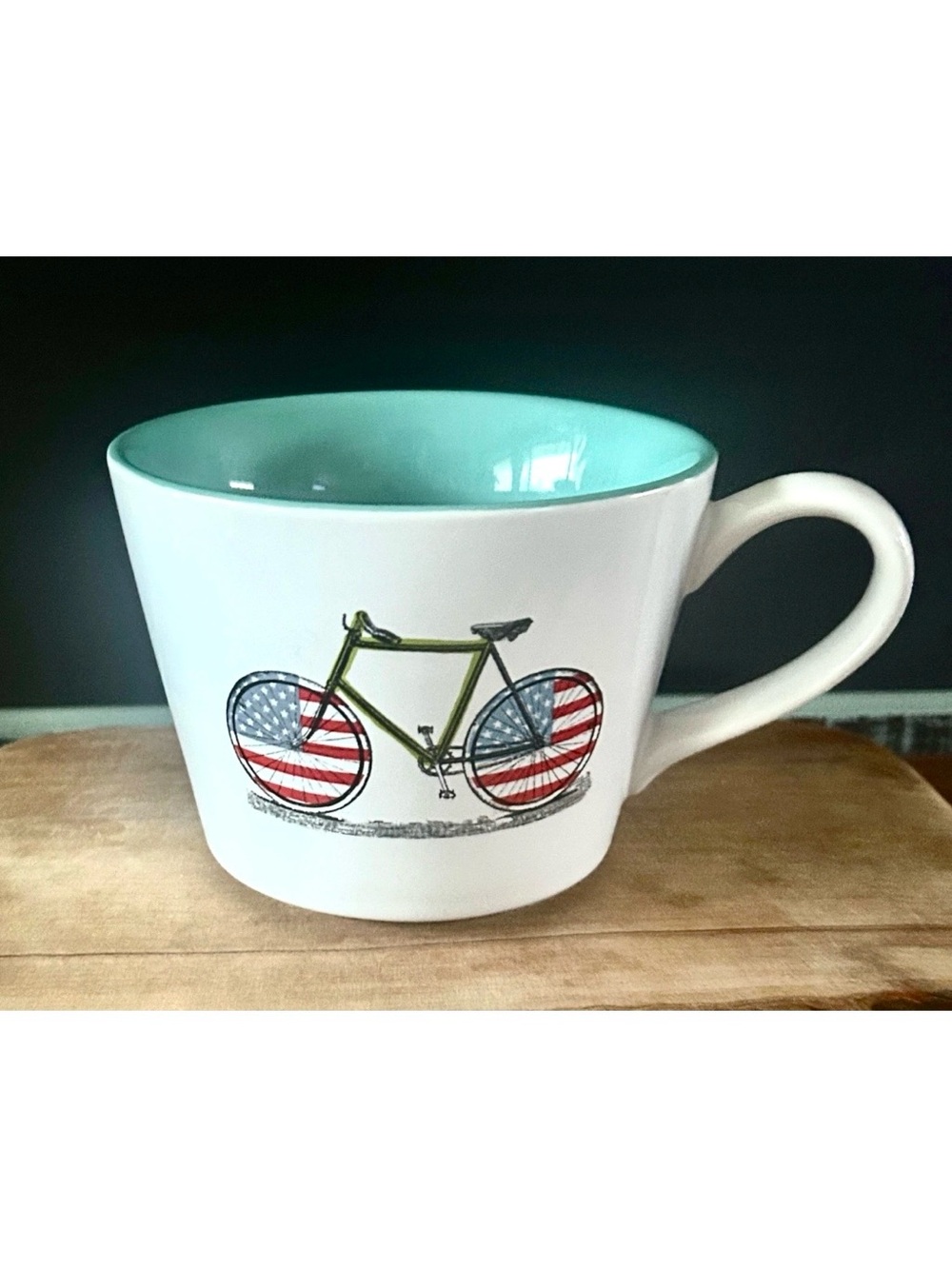 World Market USA Bicycle/Flag Ceramic Coffee Mug 4.5x3.5 Teal